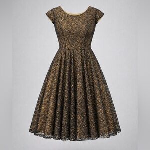 Vintage 50s 60s Black Gold Lace Fit & Flare Opera Length Dress Cap Sleeve